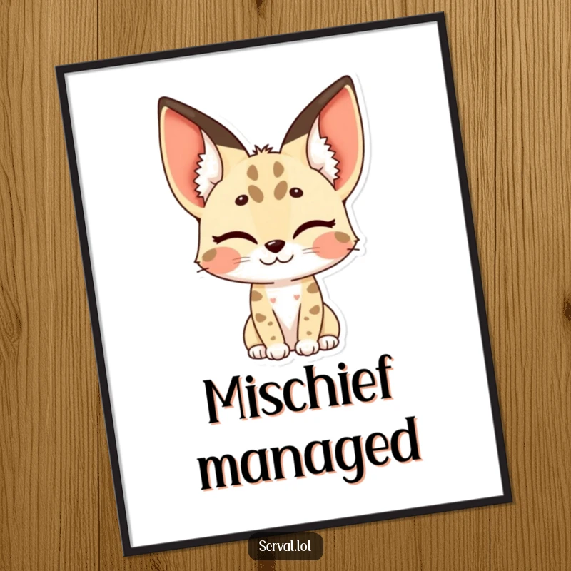 Funny serval poster showcasing a serval winking playfully, with its distinctive spotted ears adding a unique touch.