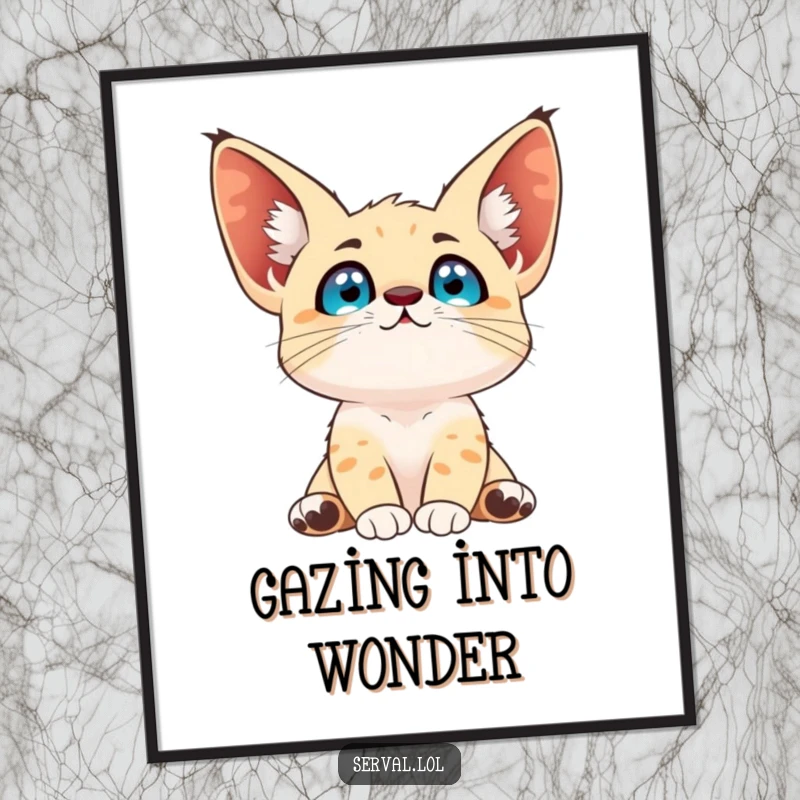 Funny serval poster with bright eyes looking up at the sky, capturing a moment of wonder and gentle contemplation.