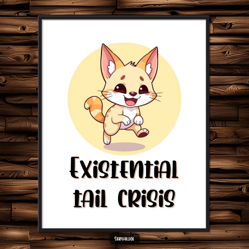 Funny serval poster capturing a gleeful serval with a wide grin, spinning in a comical circle chasing its tail, whimsical wall art.