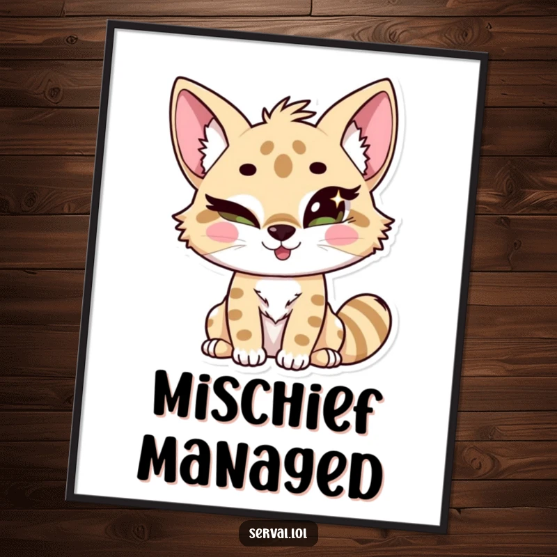 Funny kawaii serval character giving a sly wink, eyes sparkling with mischief, perfect for humorous wall art. Great decor.