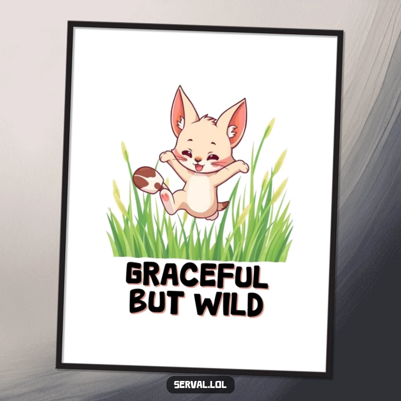 Funny poster of a serval cat in a playful leap through tall grass, capturing the beauty and fun of wildlife.