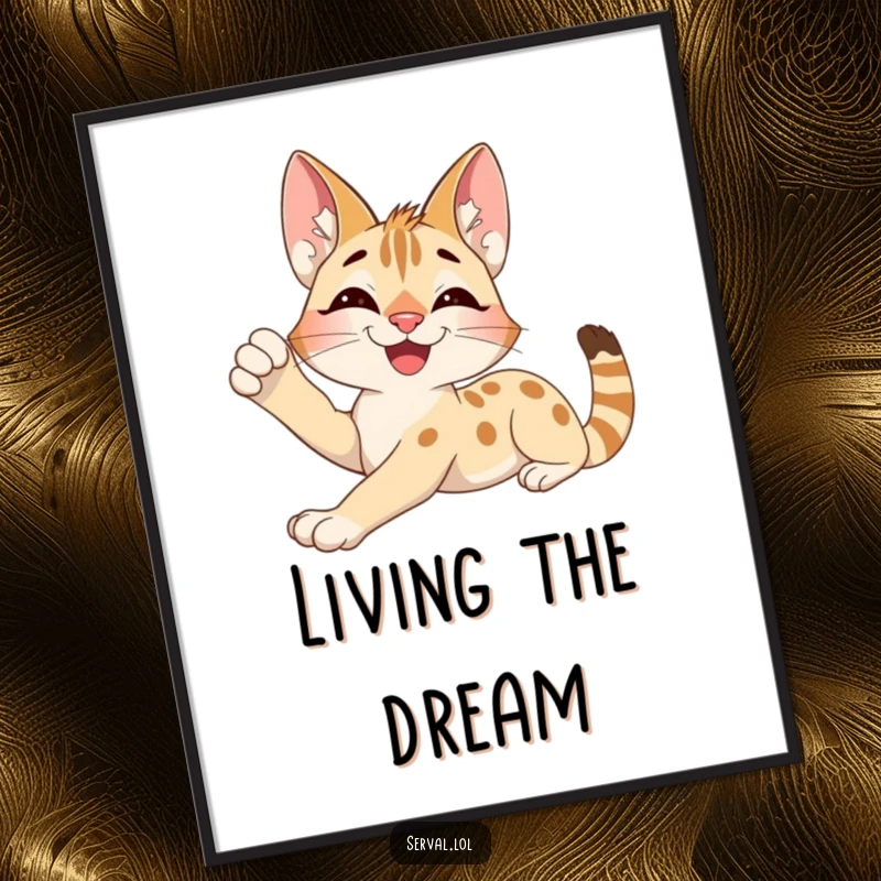 Funny Serval Poster: An excited serval character stretching blissfully with a contented smile, creating serene wall art.