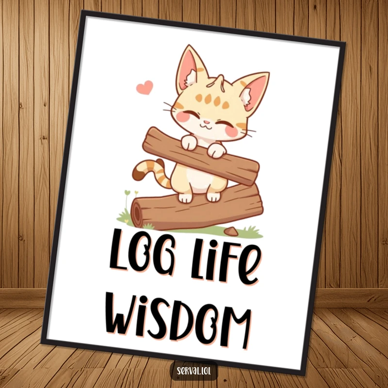 Funny poster art of a winking serval cat maintaining perfect balance on a log, embodying playful confidence and skill.