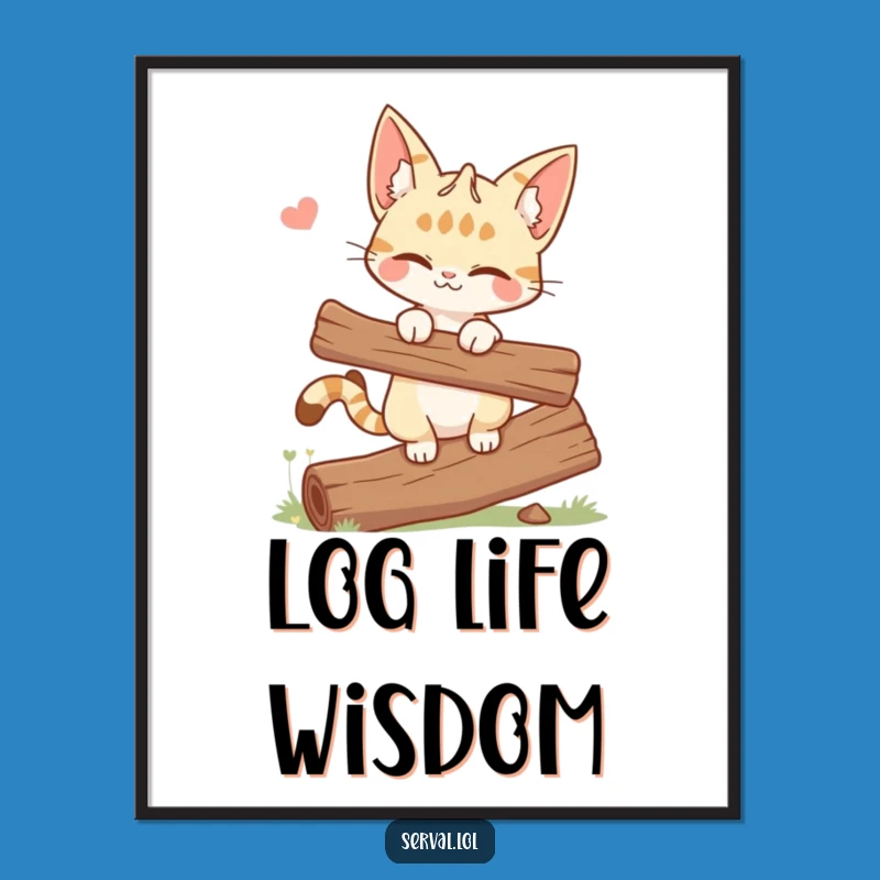 Funny Winking Serval Cat Poster - Log Balance Wild Cat Art Gift