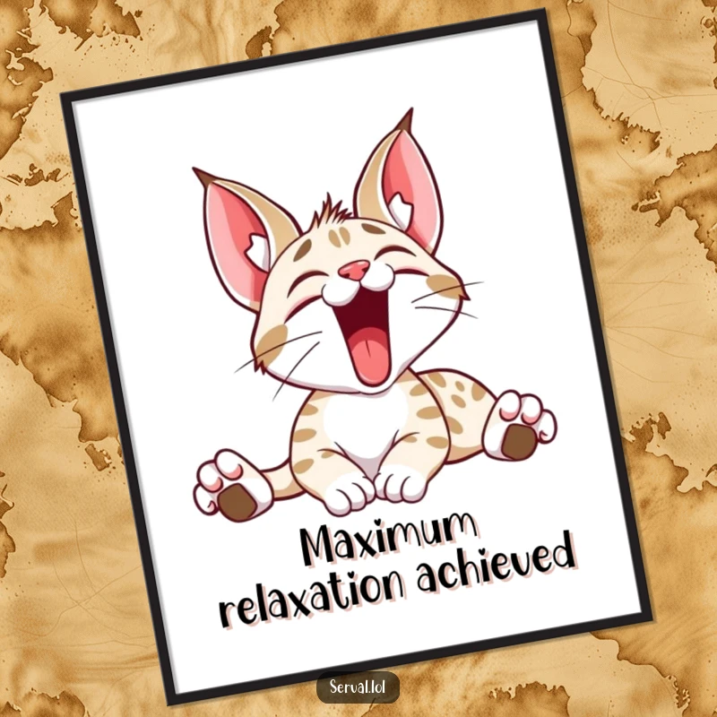 Funny poster featuring a serval cat enthusiastically stretching and yawning wide, capturing a moment of pure, unadulterated feline bliss.