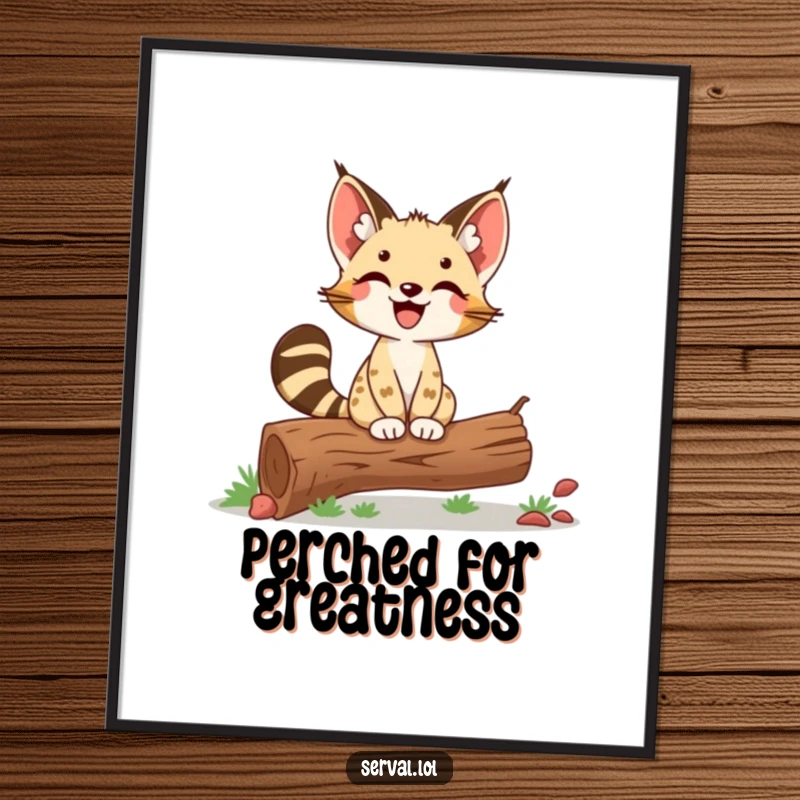 Funny Serval Poster: A delighted serval balances proudly on a log, exuding confidence and a humorous sense of accomplishment.