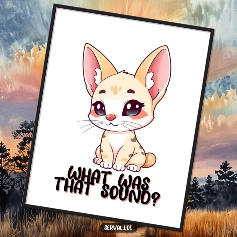 Funny serval poster, a wild cat with large ears curiously tilting its head, capturing a moment of gentle curiosity.