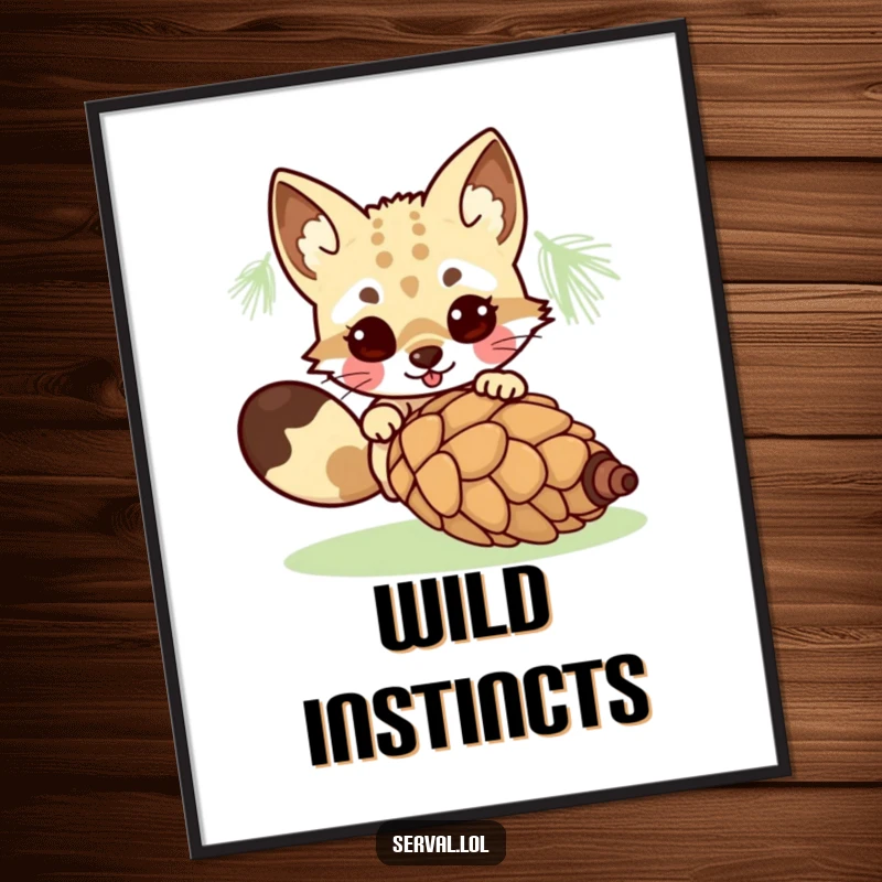 Funny kawaii serval character in a dynamic, playful pounce on a rolling pinecone, a humorous and energetic scene. Great decor.