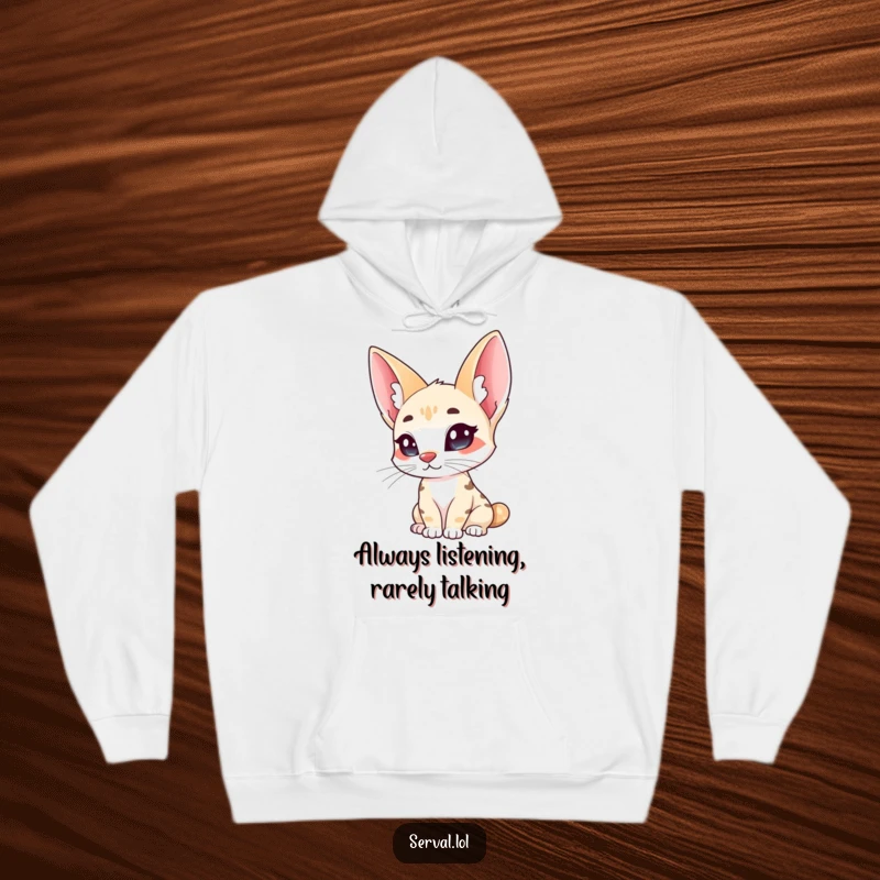 Funny serval hoodie, a wild cat with large ears curiously tilting its head, offering cozy comfort and charm.