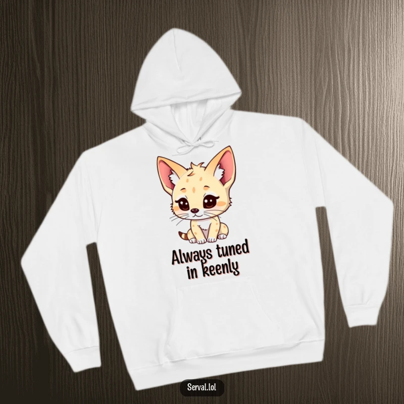 Funny kawaii serval hoodie design, adorable cat with perked ears, actively listening expression, cozy apparel, great funny gift.