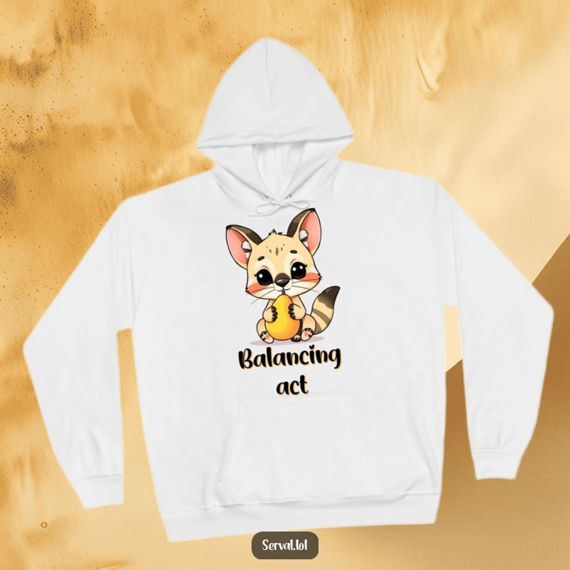 Funny serval character hoodie, with a small fruit perfectly balanced on its nose, looking composed and skillful, radiating quirky charm.