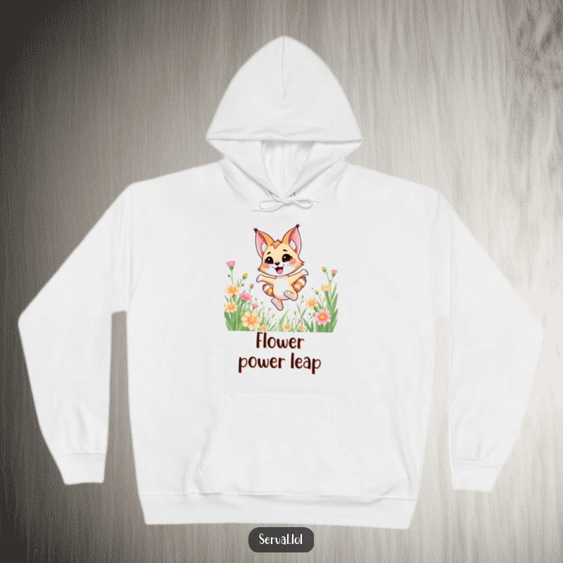 Funny kawaii serval cat joyfully bounding through tall flowers, printed on a warm and comfortable hoodie.