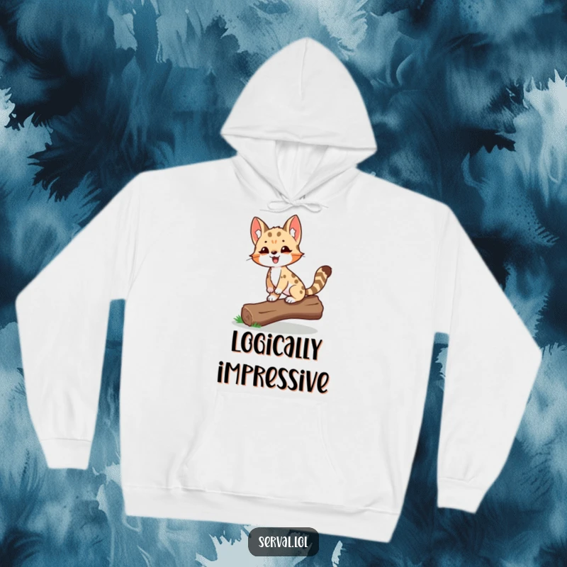 Funny Serval Hoodie featuring a delighted serval proudly balancing on a log, offering warmth and a confident vibe.