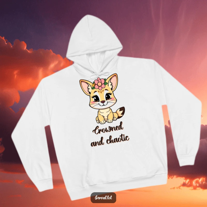 Funny serval hoodie with a cheeky serval sporting a flower crown, offering cozy comfort and a touch of mischief.