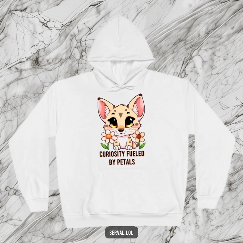 Funny serval hoodie featuring a wide-eyed cat gently sniffing a flower, perfect for cozy, curious moments.