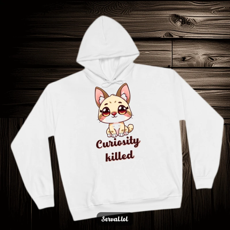 Funny kawaii serval cat with big, curious eyes looking up, featured on a soft and warm hoodie.
