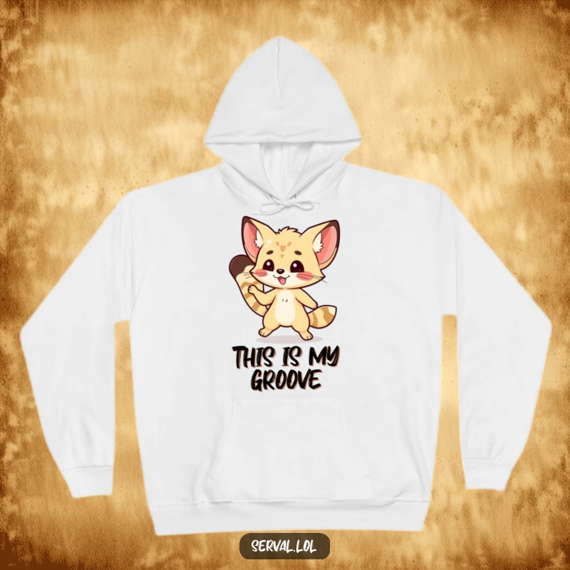 Funny kawaii serval cat shown doing a nimble dance step on a soft, warm hoodie.