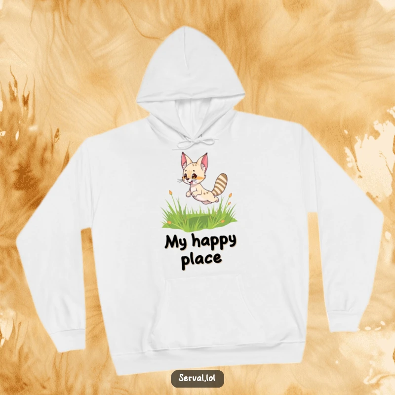 Funny Serval Hoodie: Cartoon serval character leaping playfully in a green field, capturing a moment of pure feline delight.