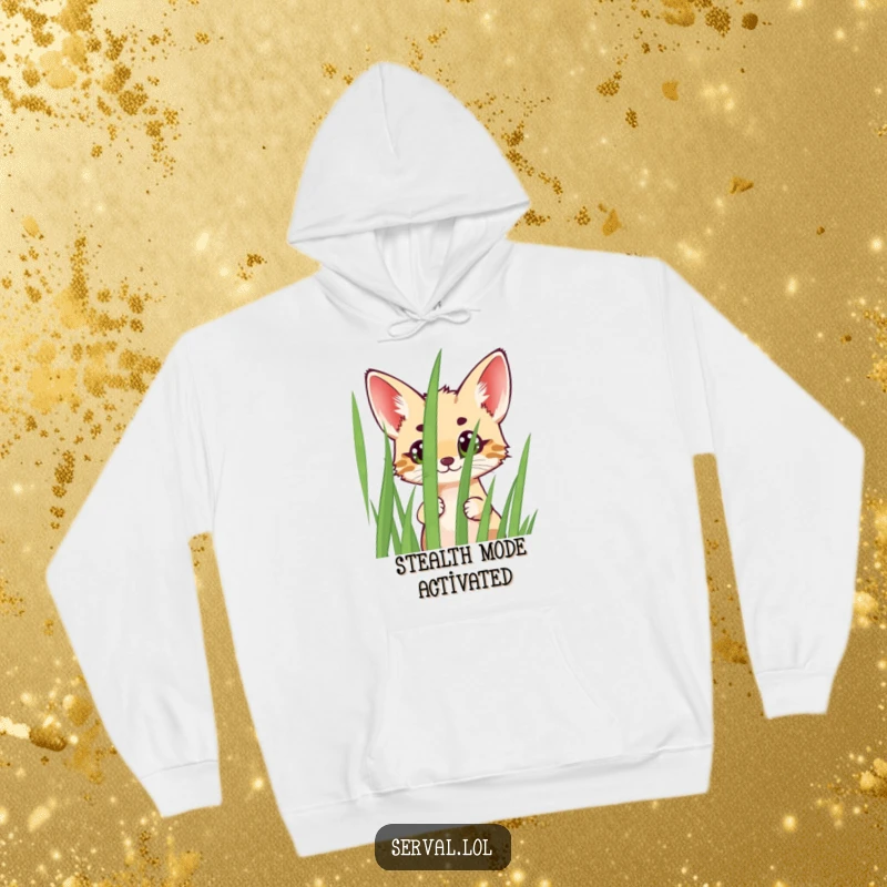 Funny Serval Hoodie featuring an adorable serval peeking with wide eyes from behind grass, offering warmth and a playful vibe.