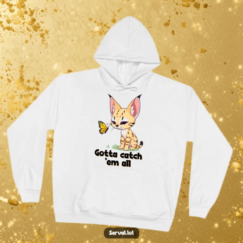 Funny hoodie with a serval stalking a colorful butterfly, ideal for cozy evenings and a touch of wild humor.