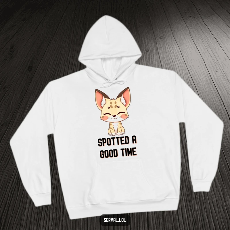 Funny serval hoodie depicting a serval winking, with its distinctive spotted ears adding to the charm.