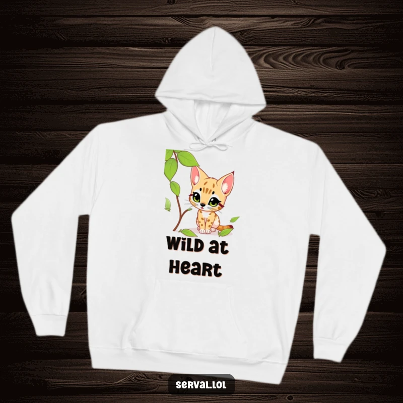 Funny serval hoodie featuring a concentrated serval mid-stalk on a rustling leaf, radiating excitement and playful hunting instincts.