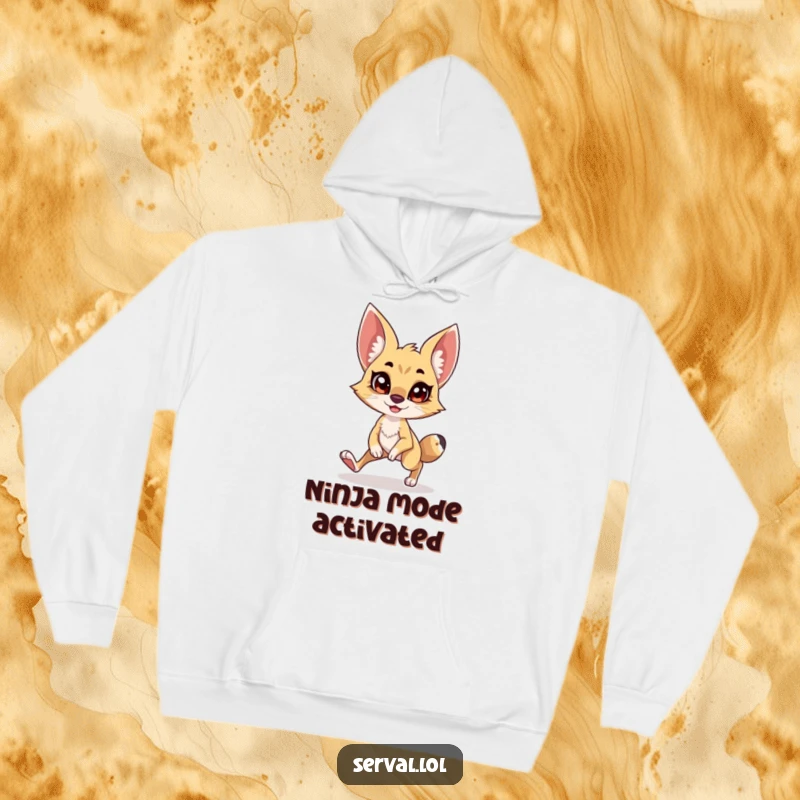 Funny Serval Hoodie: A serval character executing a comical, stealthy tiptoe with a wide, excited grin, ideal for a funny present.