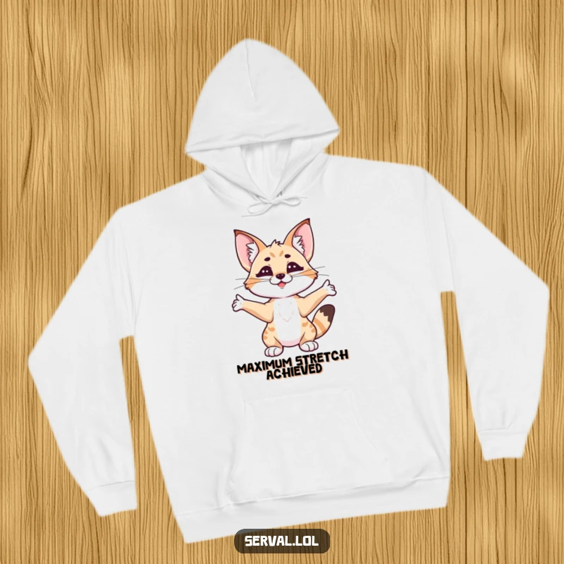 Funny serval stretching hoodie, a content cat doing a long stretch, offering warmth and laughter, a great funny gift idea.