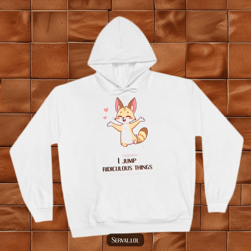Funny serval hoodie depicting a serval in a spectacular, funny jump, offering cozy warmth and wild feline charm.