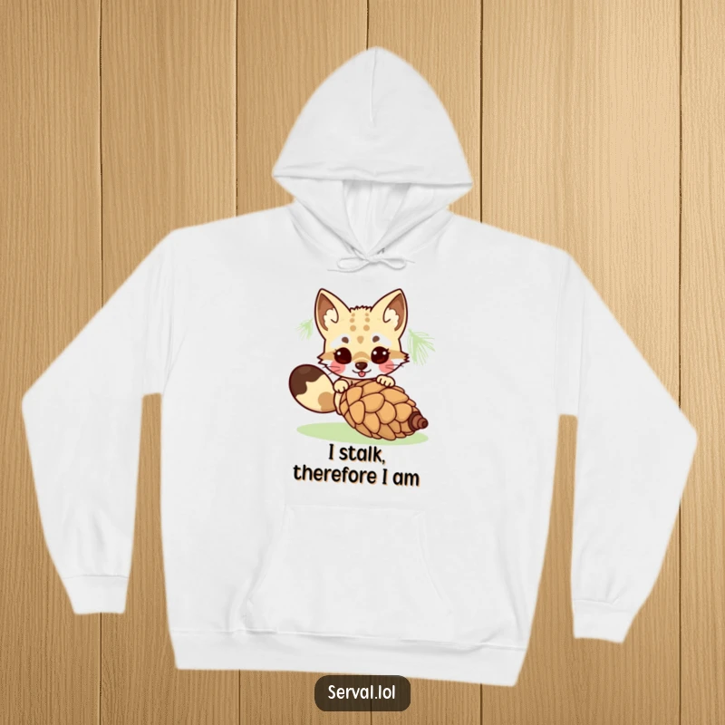 Funny kawaii serval cat in a playful pounce, about to tackle a rolling pinecone, radiating pure, humorous joy. Ideal gift.