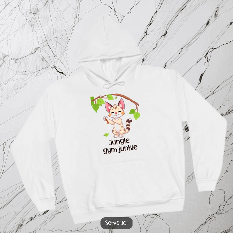 Funny serval hoodie depicting a serval engaged in playful vine batting, offering comfort and jungle vibes.