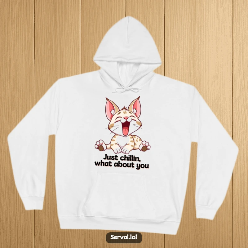 Funny hoodie displaying a serval cat in a comically large yawn and stretch, radiating warmth and a playful, sleepy mood.