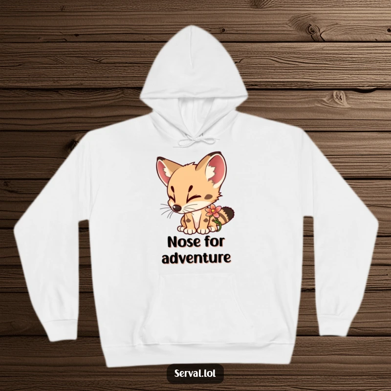Funny Serval Hoodie depicting a curious serval delightedly sniffing a small, colorful flower, offering warmth and charm.