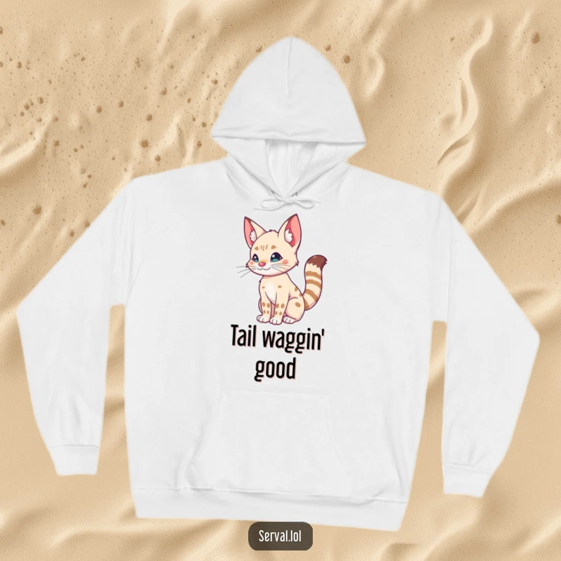 Funny hoodie with a serval doing a silly tail wiggle, ideal for cozy days and a touch of playful feline humor.