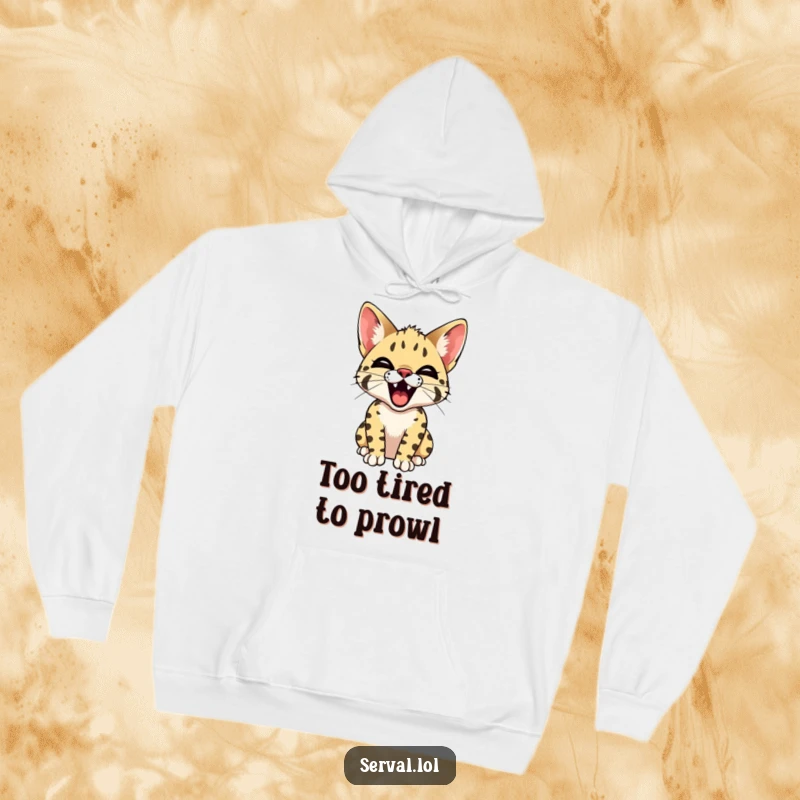 Funny Serval Yawn Hoodie. A detailed illustration of a serval cat yawning widely, displaying its small teeth, perfect for cozy, humorous moments.