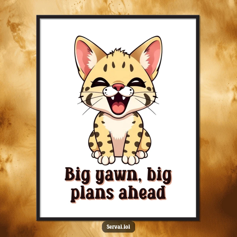 Funny Free Printable Wall Art of a serval cat captured mid-yawn, showcasing its small teeth and sleepy demeanor