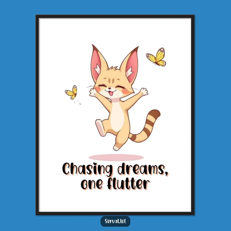 Cute Free Printable Serval Art - Butterfly Chase, Whimsical Downloadable Wall Decor