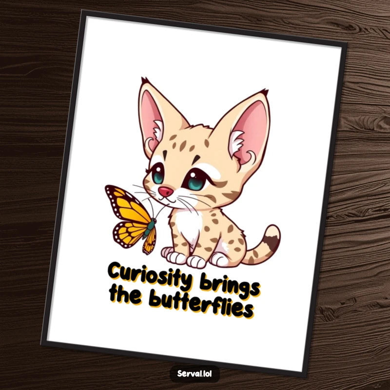 Funny free printable wall art of a serval with large, perked ears curiously observing a delicate butterfly in nature.