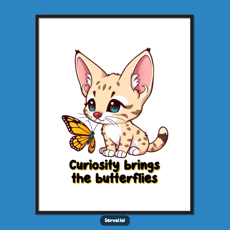 Free Printable Wall Art: Curious Serval & Butterfly, Humorous Downloadable Decor