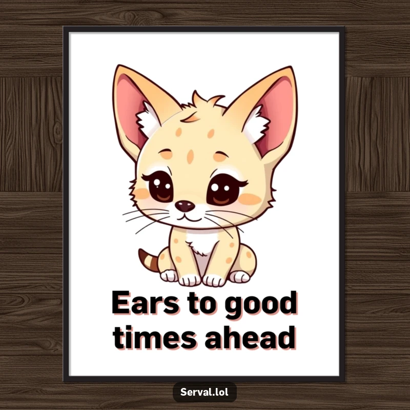 Funny Free Printable Wall Art of a kawaii serval with ears perked, attentively listening, perfect for a whimsical touch.