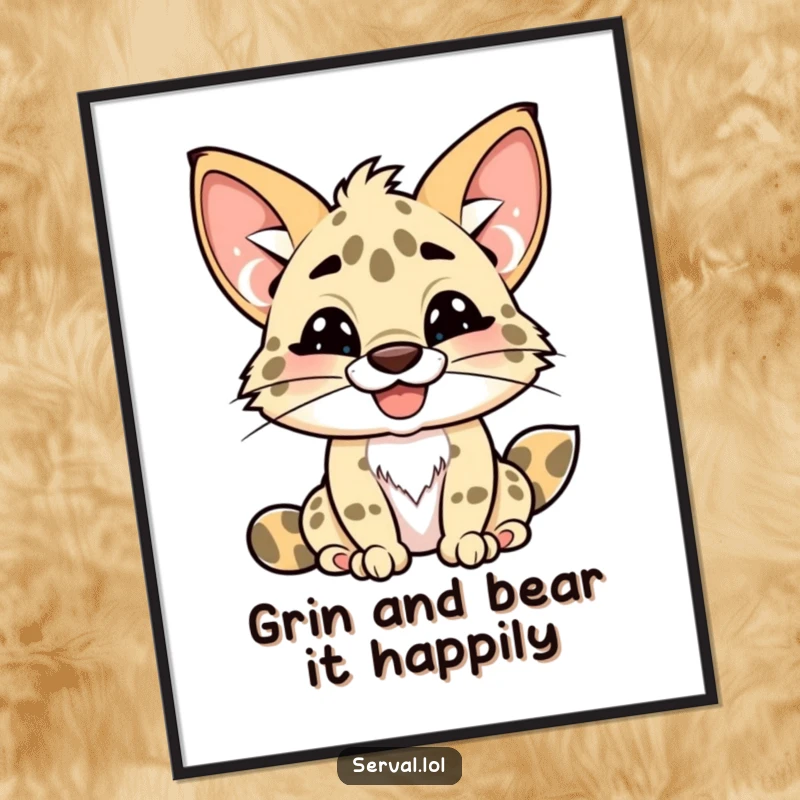 Funny Free Printable Wall Art of a kawaii serval character with a wide, playful, toothy grin, radiating joy.