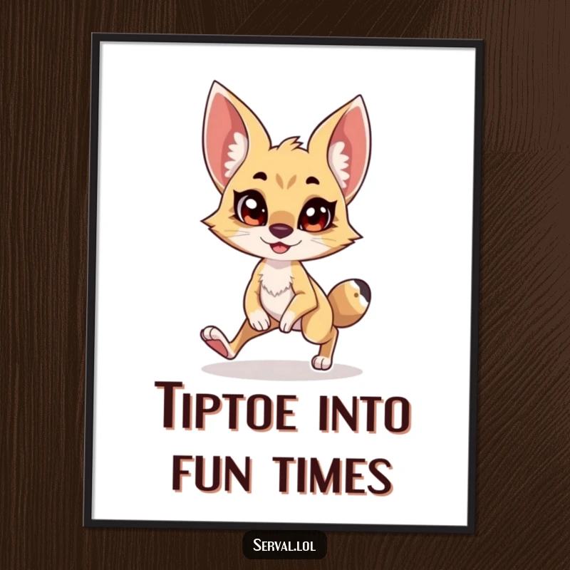 Funny Free Printable Wall Art: A serval character stealthily tiptoeing with a mischievous, wide grin.