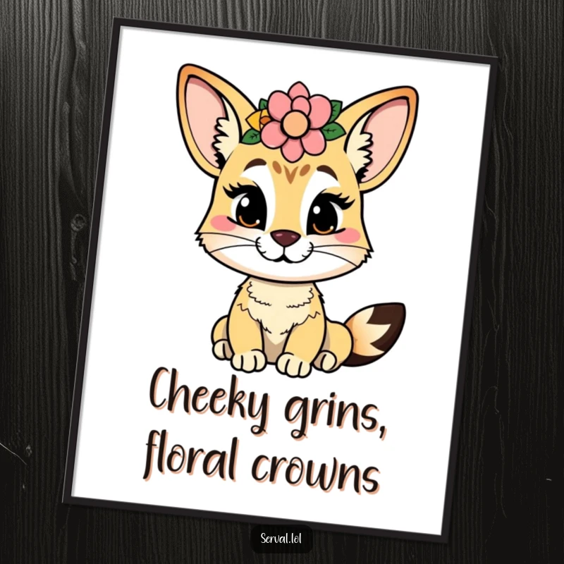 Funny Free Printable Wall Art: A serval with a mischievous cheeky grin, wearing a beautiful flower crown, downloadable art.