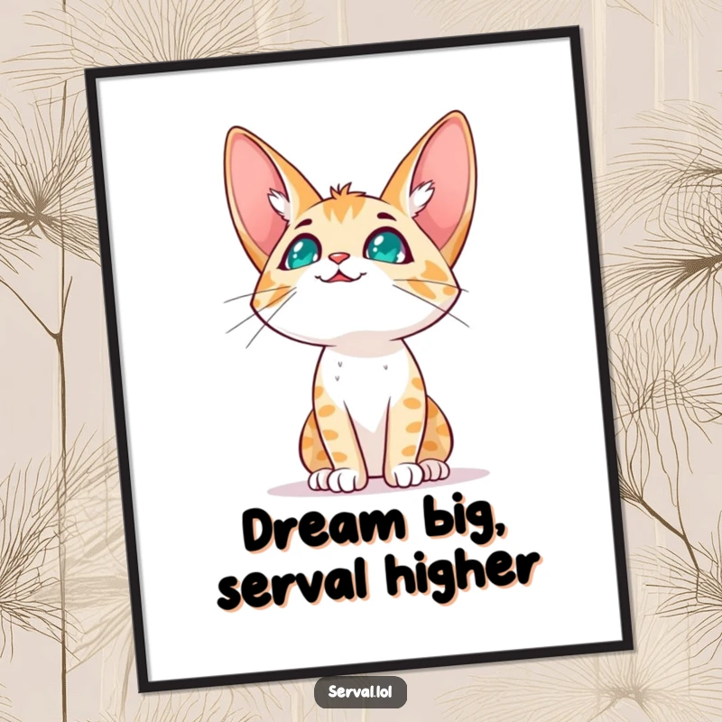 Funny Free Printable Wall Art of a serval cat character looking up at the vast sky with an expression of hopeful expectation.