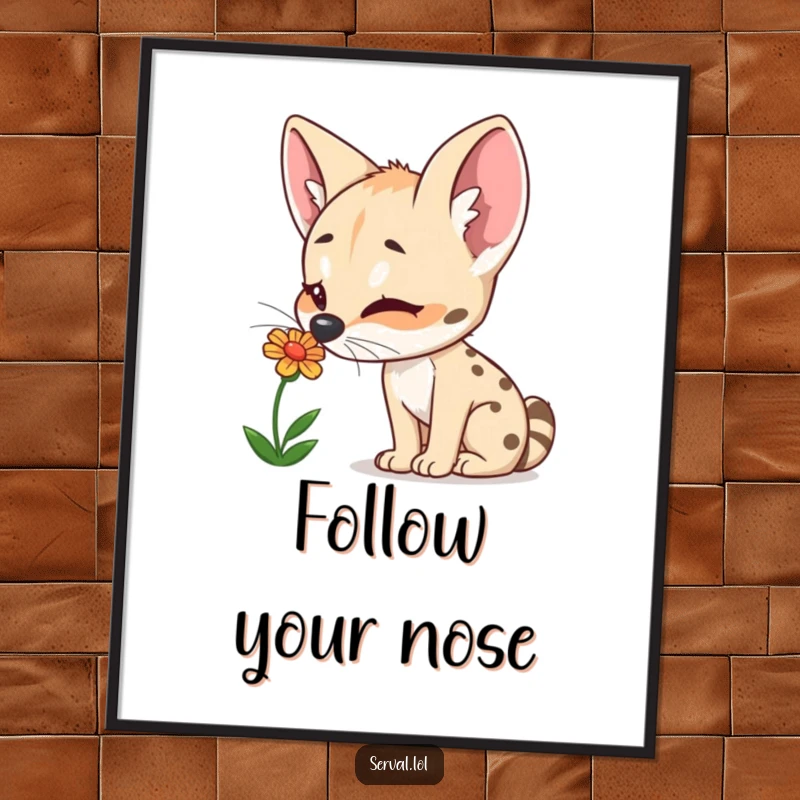 Funny Free Printable Wall Art: Curious Serval Delightedly Sniffing a Colorful Flower, Nature Decor.