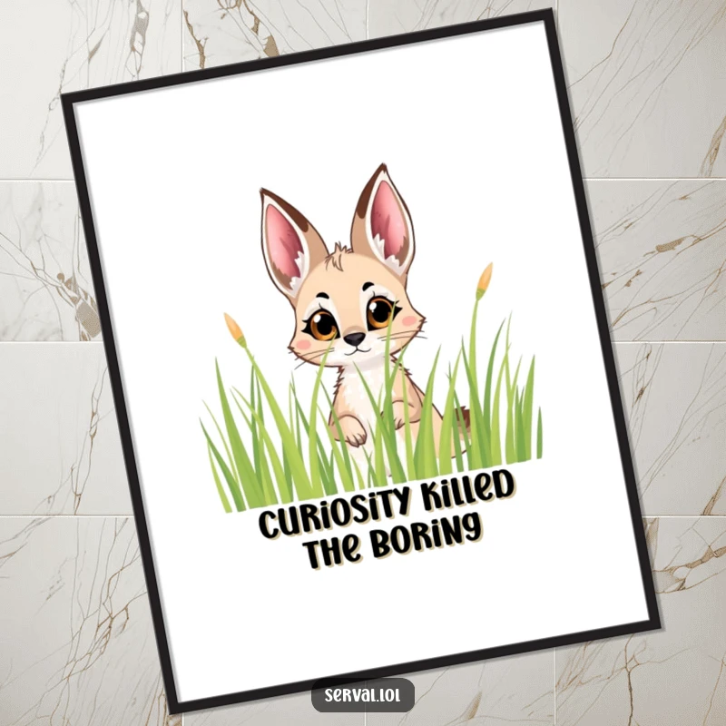 Enchanting free printable wall art showing a serval with big, curious eyes peeking out from tall, swaying grass.