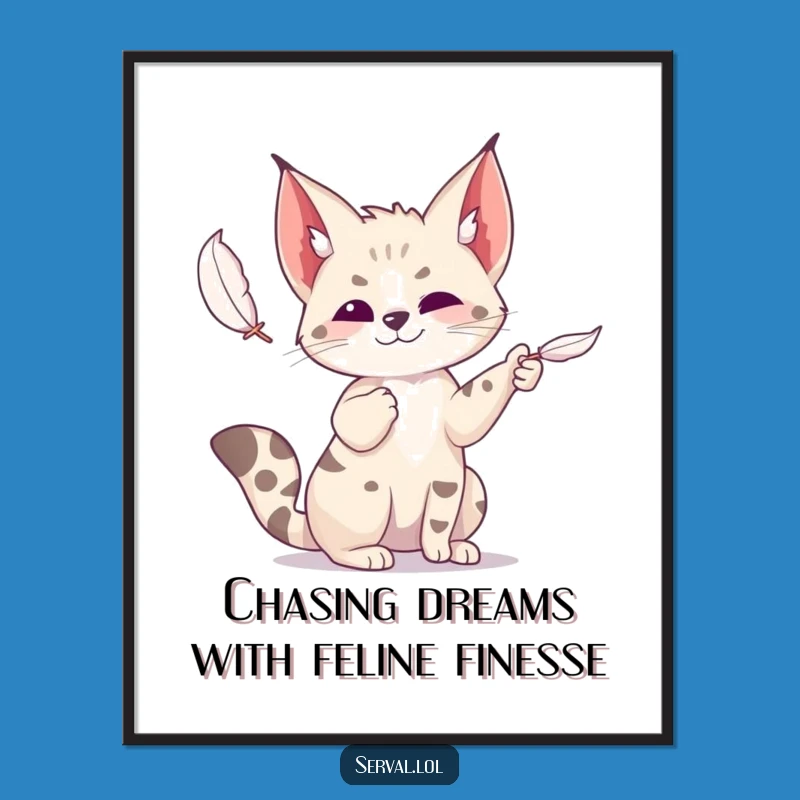 Free Printable Wall Art: Playful Serval Feather Chase, Funny Downloadable Decor