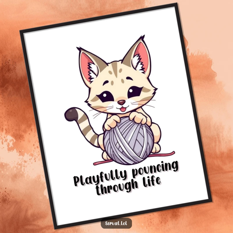 Funny Free Printable Wall Art: A graceful serval cat in mid-pounce, playfully batting at a colorful ball of yarn with excitement.