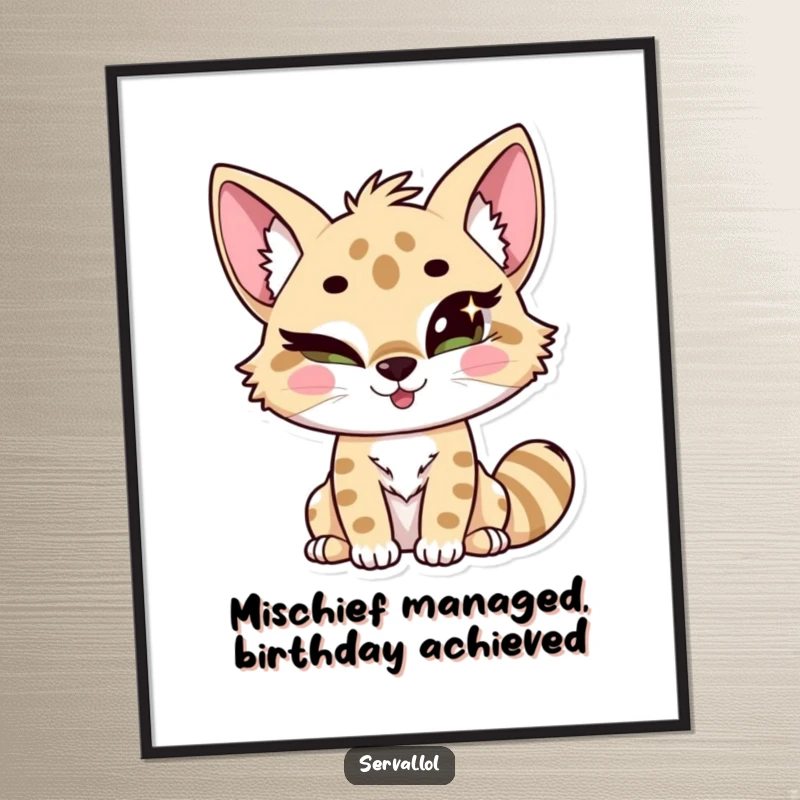 Funny Free Printable Wall Art: Kawaii serval displaying a cheeky wink and a mischievous sparkle in its eye.