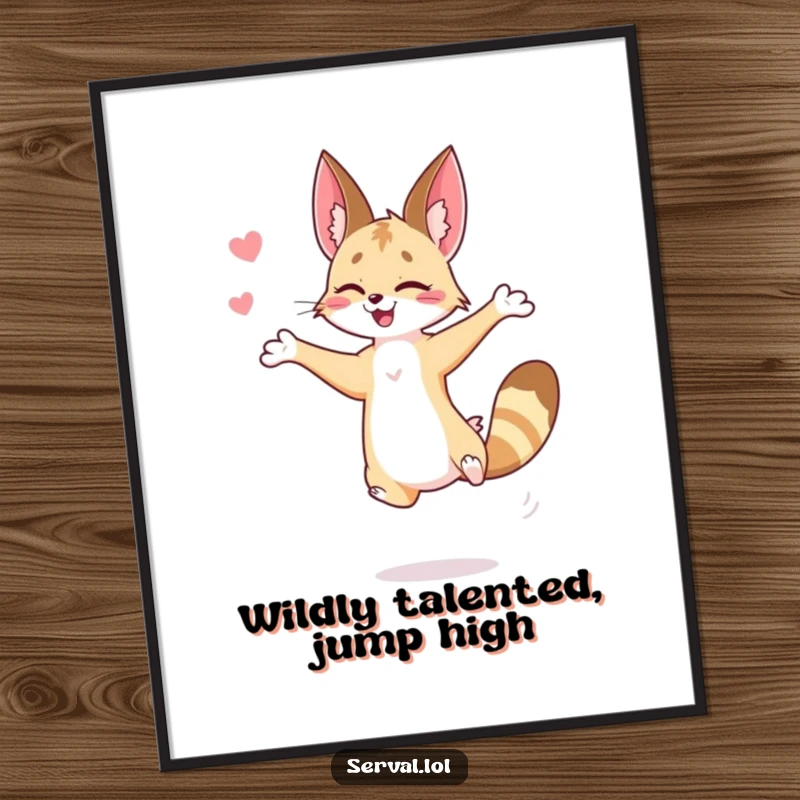 Funny Free Printable Wall Art of a serval captured mid-jump in a graceful yet humorous pose, expressing agility.